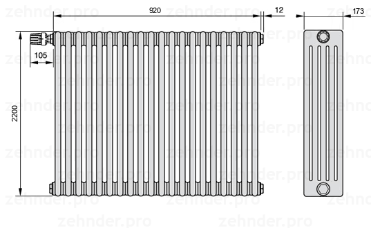 Схема (чертеж) Радиатор Zehnder Charleston 5220/20 №V012 Белый глянцевый RAL 9016